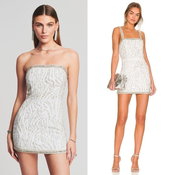 🆕 RETROFETE Santorini Crystal Embellished Mini Dress White Tiger Stripe Sz L - Picture 1 of 10